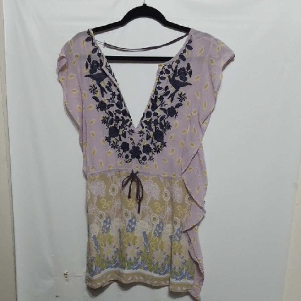Free‎ People Embroidered V-Neck Ruffle Lavender Floral Blouse/ Tunic